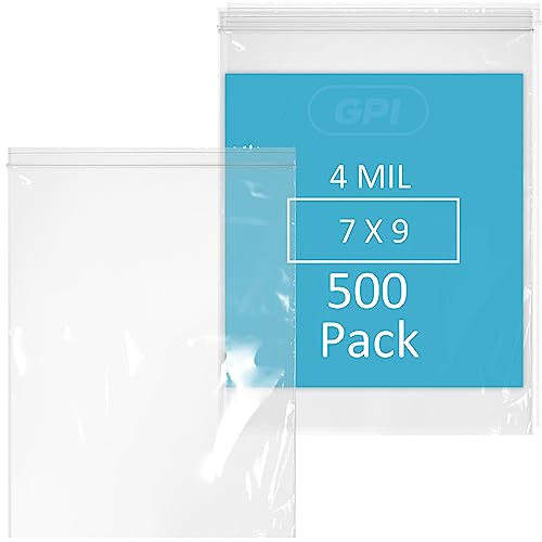 GPI - 500 Count 7" X 9" Zip Bags, Heavy-Duty 4 Mil Thick, Clear Reclosable Zipper Poly Baggies With Resealable Zip Top Lock For Storage & Packaging, Food, Tools, Sharp Objects, etc.