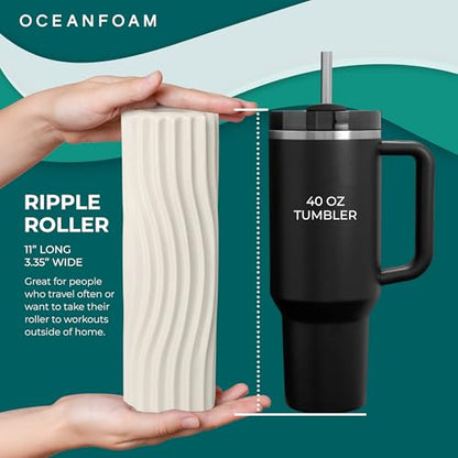 Oceanfoam Ripple Travel Foam Roller (11" x 3.35") Firm Mini Foam Roller for Physical Therapy, Deep Tissue Massage, Back Pain - High Density, Ergonomic Wave Textured - Yoga, Pilates, Exercise (Natural) - color: Natural