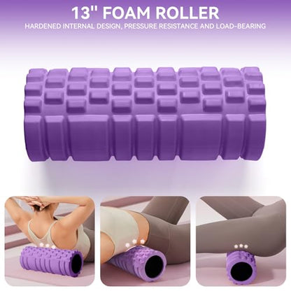 Krightlink 5 in 1 Foam Roller Set High Density Deep Tissue Massager | Trigger Point Massage Roller for Muscle Massage, Massage Ball, Resistance Band for Whole Body Physical Therapy Purple - color: Violet