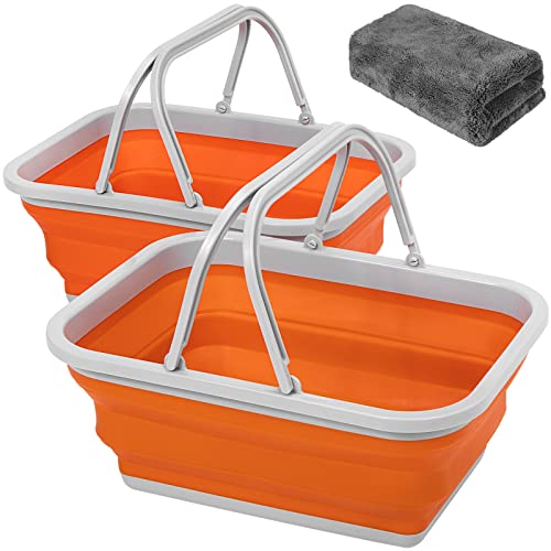 Collapsible Sink with Handle Towel, 2.37 Gal / 9L Foldable Wash Basin for Washing Dishes, Camping, Hiking and Home - color: 2pcs-orange