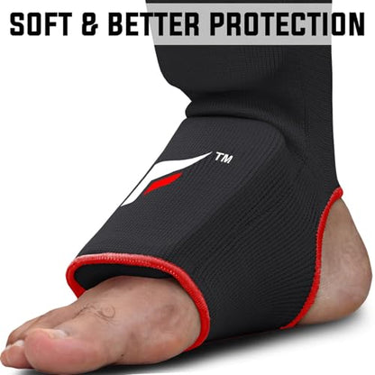 Mytra Fusion Shin Pads Instep Protector Kick Boxing Muay Thai Training Elasticated shin Guards - color: Black, size: Large-X-Large
