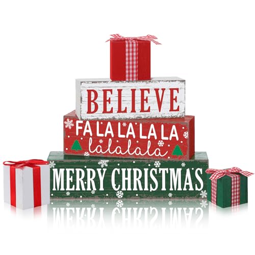4 Pieces Merry Christmas Wooden Table Decorations Xmas Wood Gift Boxes Decor Rustic Christmas Tiered Tray Decor Xmas Believe Tabletop Centerpieces for Home Desk Room Kitchen Shelf - style: Gift