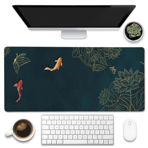 Large Gaming Mouse Pad, Koi Fish Ink Painting Desk Mat, Golden Line Lotus Desk Pad, Extended Big Computer Keyboard Mouse Pad with Non-Slip Base and Stitched Edge, 35.4"x15.7"
