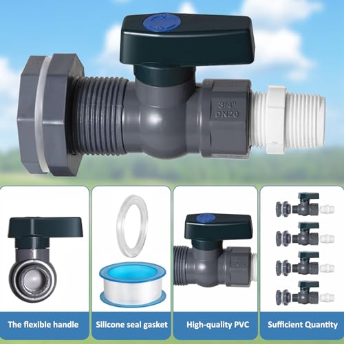 4 Pack Rain Barrel Spigot Kit with PVC Bulkhead Fitting Water Barrel Spigot Garden Hose Bulkhead Fitting with Hose Faucet Adapter and Thread Seal Tape for Garden,Aquariums,Water Tanks,Tubs,Pool