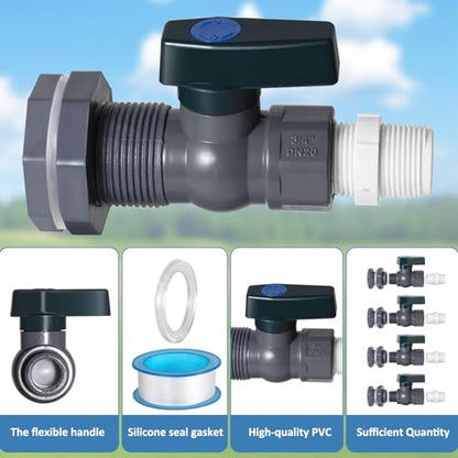4 Pack Rain Barrel Spigot Kit with PVC Bulkhead Fitting Water Barrel Spigot Garden Hose Bulkhead Fitting with Hose Faucet Adapter and Thread Seal Tape for Garden,Aquariums,Water Tanks,Tubs,Pool