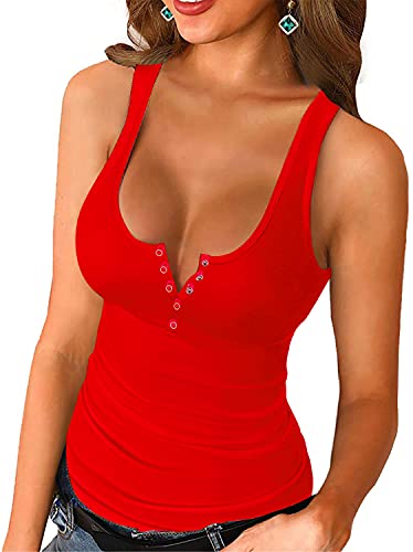 Deerludie & T Womens Scoop Neck Ribbed Tank Tops Low Cut Solid Sexy Summer Sleeveless Henley Tees Shirts