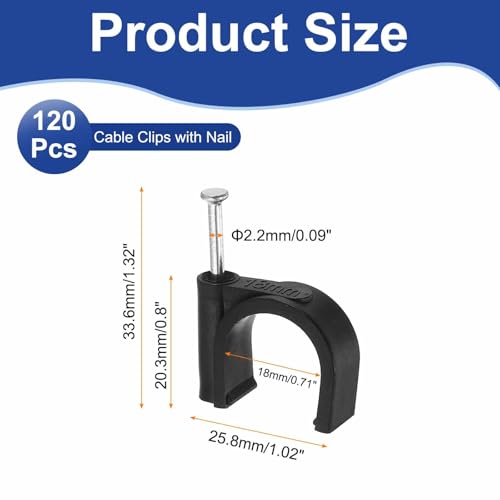 HARFINGTON 120pcs Cable Clips with Nail 18mm ID Circular Single Half Clamp J-Hook with Nail Cord Clips for Wires on Wall for Ethernet Tacks Coax Pex Tubing Pipe Support, Black - size: 18mm ID