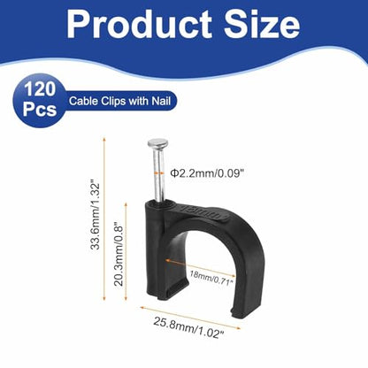 HARFINGTON 120pcs Cable Clips with Nail 18mm ID Circular Single Half Clamp J-Hook with Nail Cord Clips for Wires on Wall for Ethernet Tacks Coax Pex Tubing Pipe Support, Black - size: 18mm ID