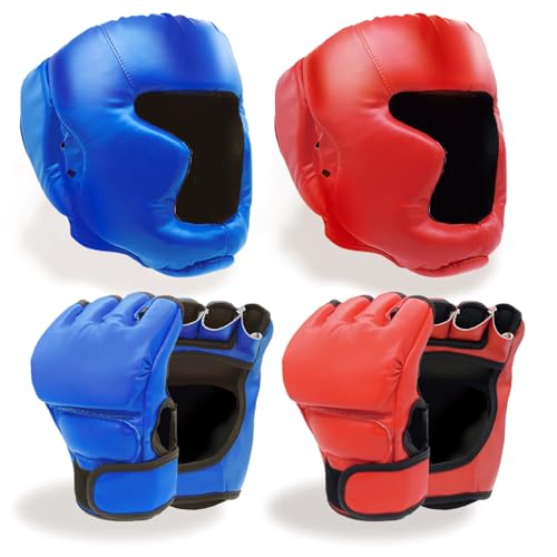 Boxing Gloves and Headgear Set for Adults 2 Pair Gloves and 2 Head Guards - color: BlueRed