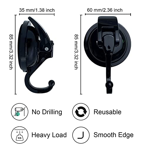 Heavy Duty Suction Cup Hooks for Shower, Bathroom Robe, Garland Decoration - Vacuum Glass Hooks, Reusable, No Hole Punched (Black, 4 Pack)