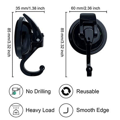 Heavy Duty Suction Cup Hooks for Shower, Bathroom Robe, Garland Decoration - Vacuum Glass Hooks, Reusable, No Hole Punched (Black, 4 Pack)