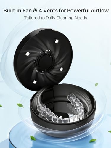 Voraiya UV Retainer Case with Fan, UVC Retainer Cleaner, Aligner Case Includes Vent Holes and Mirror, Portable Retainer Holder Box for Mouth Guard, Aligners, Night Guard (Black)