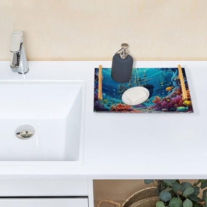 Undersea Vanity Tray,Bathroom Tray,Jewelry Storage Dresser Tray Kitchen Sink Toilet Tank Tray Organizer for Candle Plant Perfume Shampoo Towel Home Decor 7.87 * 11.81in 2010999