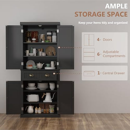 72" Kitchen Pantry,Tall Storage Cabinets with Doors and Shelves,Freestanding Pantry Cabinet for Bathroom,Dining Room and Living Room (Black) - color: Black