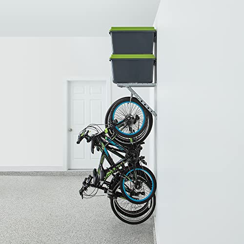 220862 32 Inch Wide Wall Mounted Utility Storage Organization Rack with 4 Bike Hooks and 20 Inch Deep Top Shelf, White