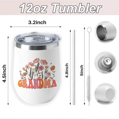 Grandma Gifts Wine Tumbler 12 oz Insulated Wine Glass Cup with Lid Straw Vacuum Travel Cup,Grandma Birthday Gifts Mothers Day Retirement Thank You Gift for Women Friend Mothers Day Christmas