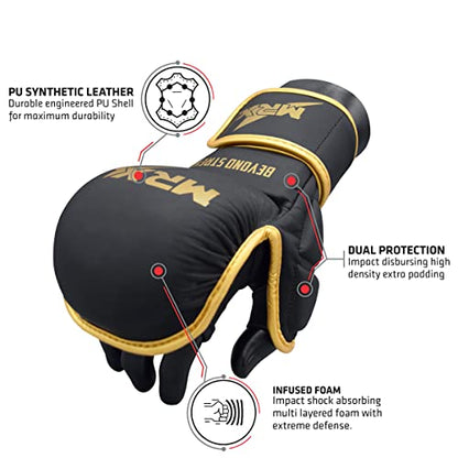 MRX MMA Professional Protective Grappling Gloves 7oz Muay Thai Training Kickboxing Punching Sparring Sports Cage Fighting Combat Glove Boxing Punching Glove Mitts - color: Black Golden, size: Small-Medium