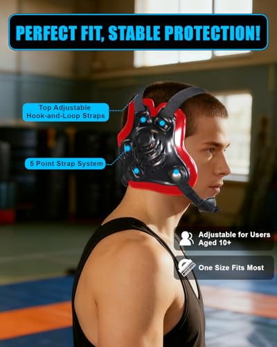 Wrestling Headgear, Youth Wrestling Head Gear with Chin Cup, Sorf Ear Guard for MMA, Jiu-Jitsu (for Users Age 10+) - color: Red
