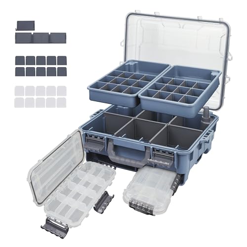 RUNCL Universal Fishing Tackle Box with Two Small Tackle Tray, Removal Inside Design Waterproof Trunk Storage Box, Thicker Floating Airtight Stowaway, Xmas Surprise Fishing Gifts for Men Women - color: Blue
