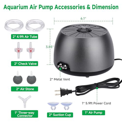hygger Quiet Adjustable Aquarium Air Pump, 5W/8W Dual Output Fish Tank Air Pump, Energy-Saving Oxygen Aerator with Air Stone Bubbler for Fish Tank, Hydroponic