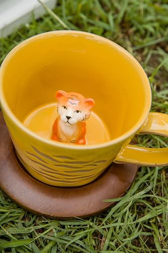 DIHOclub Tiger Cup Ceramic 3D Wild Animal Inside Mug,Cute Cartoon Handmade Figurine Mugs,Holiday and Birthday Gift for Coffee Milk Tea Lovers,12 OZ(Brown Tiger) - color: Brown Tiger