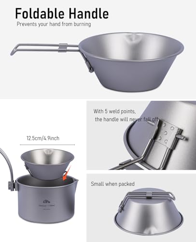 Titanium Bowl with Foldable Handle Ultralight Compact Portable Flatware Tableware with Bag for Outdoor Camping Backpacking Hiking Travel Picnic