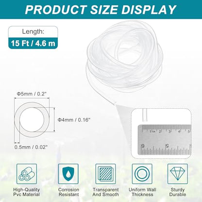 uxcell Clear PVC Tubing, 4mm ID x 5mm OD - 15ft PVC Tube Lightweight Vinyl Hose, Transparent Flexible Plastic Water Tubing for Air Oil Water Transfer Aquarium Irrigation - size: 4mm ID x 5mm OD