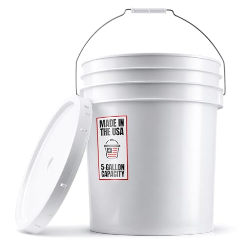 5-Gallon White Bucket Pail With Airtight Lid, Food Grade BPA-Free Premium HDPE, Made In USA, Heavy-Duty Extra Durable Multi-Use, Metal Handles Plastic Grip Easy Carrying, Stackable Easy Store - 1 Pack - size: 1 Pack
