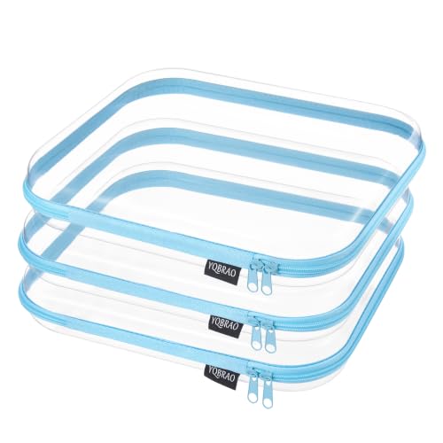 YQBRAO Clear Hard Shell Zipper Cases, 3 Large Travel Organizers, Blue | Rigid 1.2 mm PET and YKK dual zippers for full-size toiletries, makeup palettes, electronics and craft supplies - color: Blue, size: 3 Pack(L)
