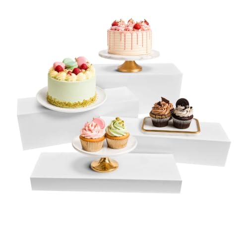4cs Large Rectangle White Acrylic Buffet Riser Set Sizes (13" to 15") - Buffet Risers for Buffet Table, Display Stand Shelf for Catering Dessert Collectibles Jewelry Figures Show, Stackable Food Risers With Hollow Bottoms
