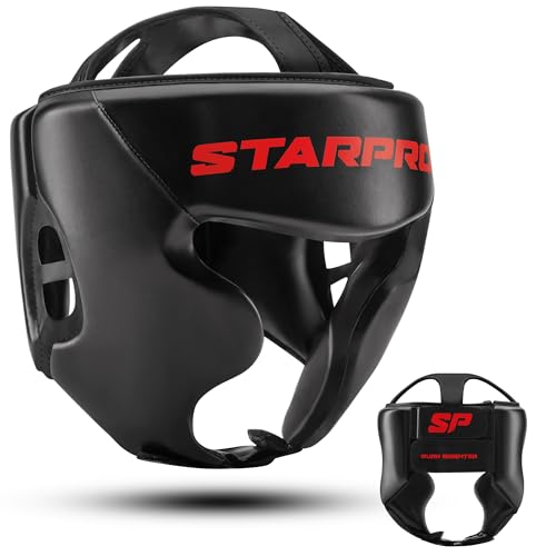 Starpro Black Boxing Headgear for Men Women - Safety Headguard with Padding - Muay Thai MMA Training Sparring Karate