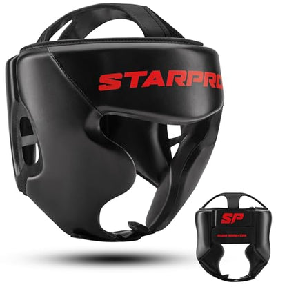Starpro Black Boxing Headgear for Men Women - Safety Headguard with Padding - Muay Thai MMA Training Sparring Karate