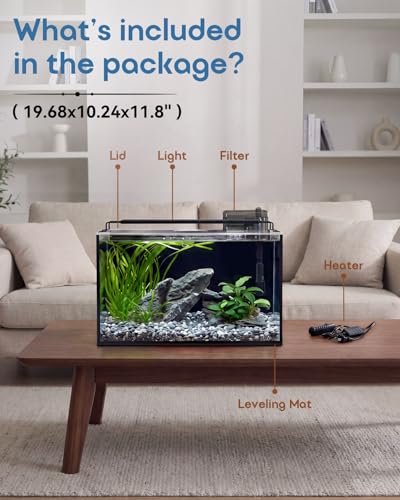 Glass Fish Tank Kit, 10 Gallon Betta Fish Tank Aquarium Starter Kit with Filter, Lights, Lid, for Betta, Goldfish, Small Fish or shrimg