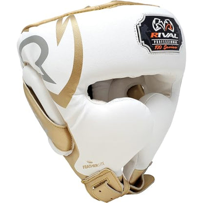 RIVAL Boxing RHG100 Professional Headgear - Lightweight Construction with Wide, Lateral Eye Opening for Maximum Visibility - color: White/Gold, size: X-Large