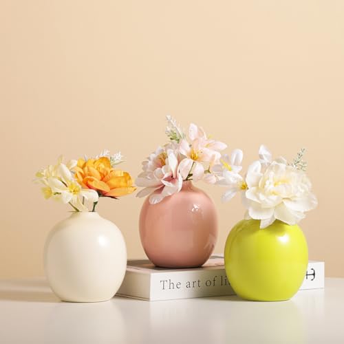 Set of 3 Ceramic Vase with Artificial Flowers,Small Pink Cream,Green for Flowers Cute Vase,Mini Ceramic Beige Table Decorations；Vases for Your Kitchen, Bedroom, Office, Living Room