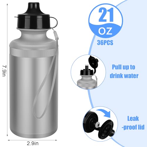 Zubebe 36 Pcs Sports Water Bottles Squeeze Bulk 21 oz | Reusable Plastic Water Bottles with Carry Strap, Back to School Supplies Summer Team Gifts for Students Travel Hiking Cycling - color: Silver Gray