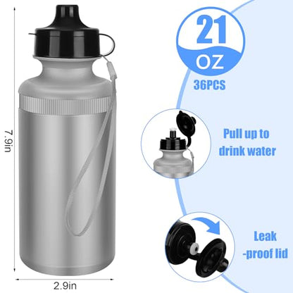 Zubebe 36 Pcs Sports Water Bottles Squeeze Bulk 21 oz | Reusable Plastic Water Bottles with Carry Strap, Back to School Supplies Summer Team Gifts for Students Travel Hiking Cycling - color: Silver Gray