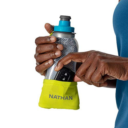 Nathan Running Handheld Water Bottle Adjustable No-Grip Quick Squeeze Lite Hand Strap. Reflective Hydration - color: Finish Lime / Blue Me Away, style: 12oz Insulated