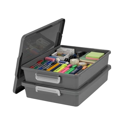IRIS USA 6 Qt. Plastic Craft Storage Container Bins with Lids, 2 Pack, Small Art & Office Supply Organizer Tote, Sensory Bins & Boxes for Home & University, Stackable, Secure Latch Buckles, Gray