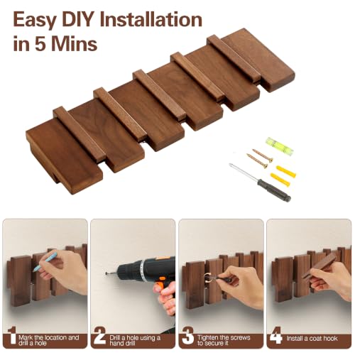 Coat Rack Wall Mount, Walnut 5 Flip-Down Picket Hanger Hooks for Entryway - size: 5 Hooks