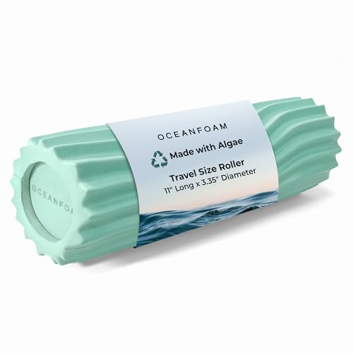 Oceanfoam Ripple Travel Foam Roller (11" x 3.35") Firm Mini Foam Roller for Physical Therapy, Deep Tissue Massage, Back Pain - High Density, Ergonomic Wave Textured - Yoga, Pilates, Exercise (Seafoam) - color: Seafoam
