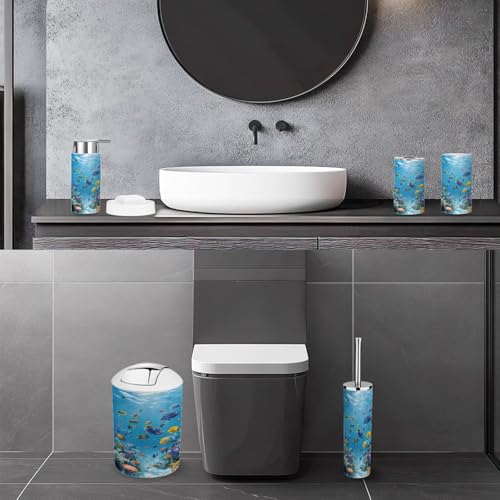 Bathroom Accessory Set 6 Piece Fish Snorkeling Sea Bahamas Underwater Hawaii Islands Aquarium Fishing Trash can, Toothbrush Holder, Toothbrush Cup, Soap Dispenser, Soap Dish, Toilet Brush Holder - color: Color1