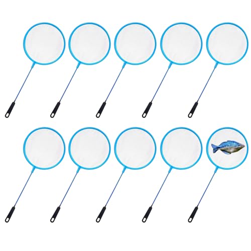 Aquarium Fish Net, Round Small Fish Net for Tank Cleaning, Blue Flexible Nylon Material, 10-Pack (25cm Length / 10cm Width) for Catching Fish, Debris, and Brine Shrimp