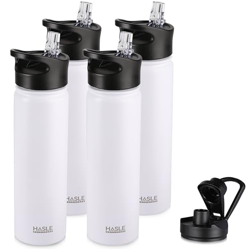HASLE OUTFITTERS Insulated Water Bottle 22 oz Double Wall Stainless Steel Water Bottle Wide Mouth with Straw Lid & Spout Lid Keeps Cold or Hot(White,4) - color: White, size: 22oz- 4 Pack