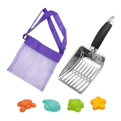 Beach Mesh Shovel with Mesh Beach Bag for Shell Collecting Big Cat Mesh Scooper Filter Sand Scooper for Picking Up Shells, Shark Tooth Sifter Dipper