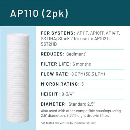 3M Aqua-Pure AP110 2-Pack Whole House Replacement Water Filter Cartridges, 5 Micron Sediment Reduction, for use with AP11T or AP101T Housing - style: AP110 (2-pack), 5 micron sediment