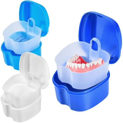 KISEER 3 Pack Colors Denture Bath Case Cup Box Holder Storage Soak Container with Strainer Basket for Travel Cleaning (White, Blue, Light Blue) - color: White, Blue, Light Blue