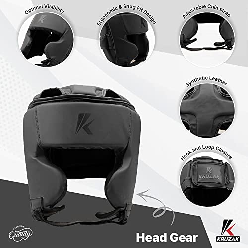 Kruzak Unisex Boxing Headgears - MMA Training, Adjustable Padded, Kara,Muay Thai Headgear, Kickboxing, Sparring, Martial Arts, Karate, Taekwondo MMA Body Equipment - color: Matte Black, size: Small-Medium