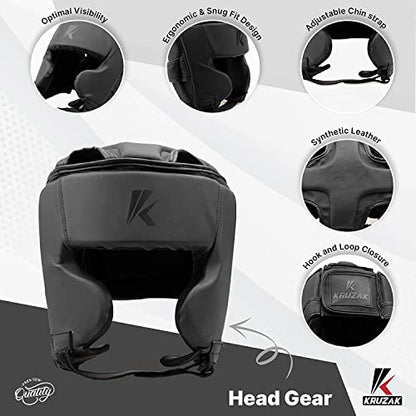 Kruzak Unisex Boxing Headgears - MMA Training, Adjustable Padded, Kara,Muay Thai Headgear, Kickboxing, Sparring, Martial Arts, Karate, Taekwondo MMA Body Equipment - color: Matte Black, size: Small-Medium