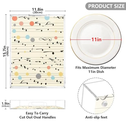 Acrylic Tray Clear Serving Vanity Ottoman Bathroom Coffee Table Countertop Organizer Raised Edge Spill Proof Multicolor Dot Music Notes - color: Multicolor Dot Music Notes